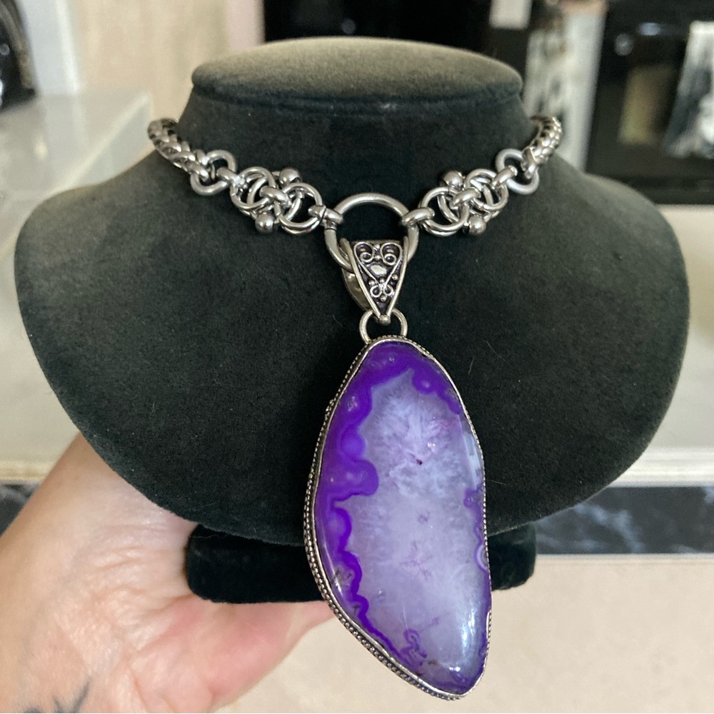 925 sterling silver overlay purple agate gemstone charm maille boho necklace